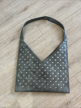 Grey faux leather studded faux leather shoulder bag